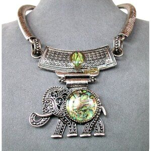 Elephant Pendant Choker Necklace 16" With 2" Extension Silver-Tone & Iridescent